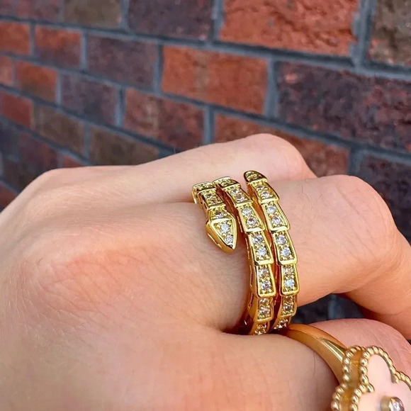 Serpenti Snake Silver Gold Triple Crystal Resizable Ring - Picture 13 of 17